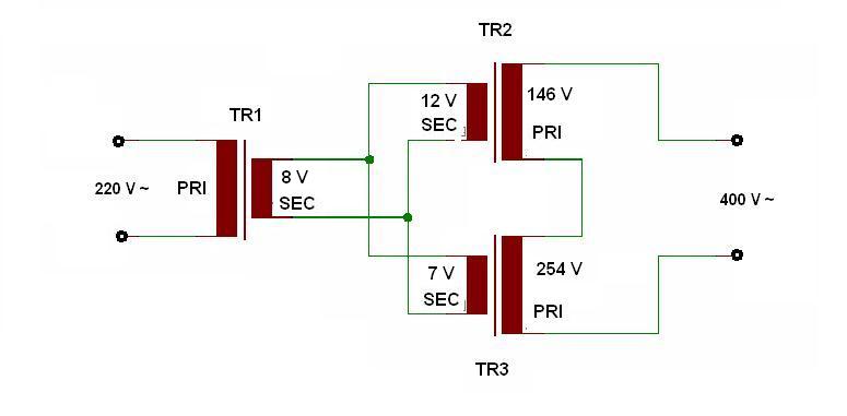 Schema zapojení - trafa kdy z 220V se dělá 400V 